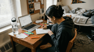 Student writing study goals at cluttered desk