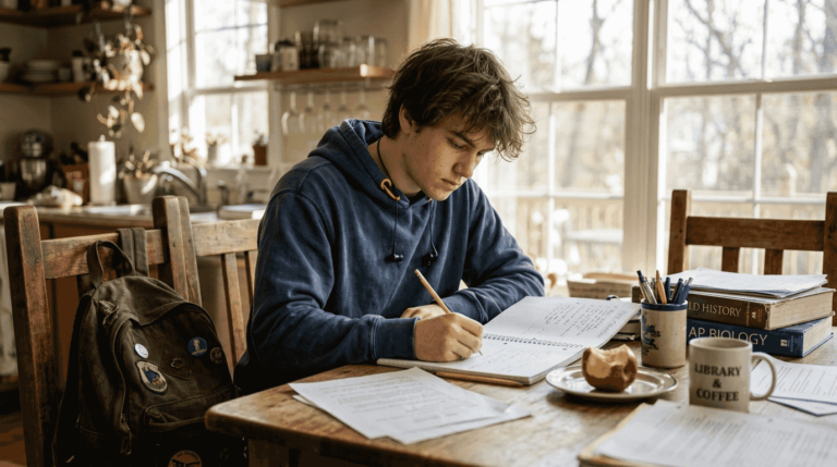 Student writing goals at sunlit kitchen table