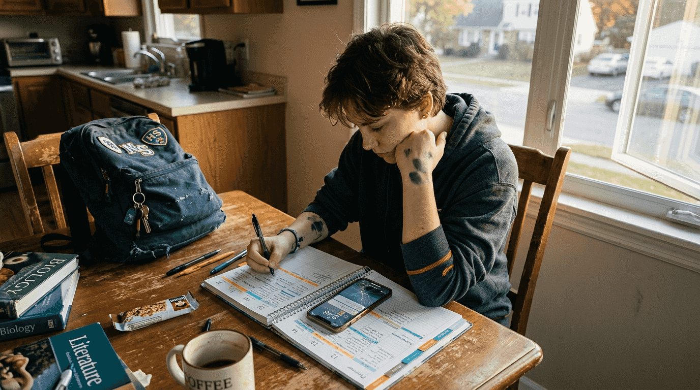 Student planning study goals in afternoon sunlight