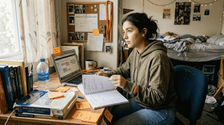 Student organizing college desk with planner