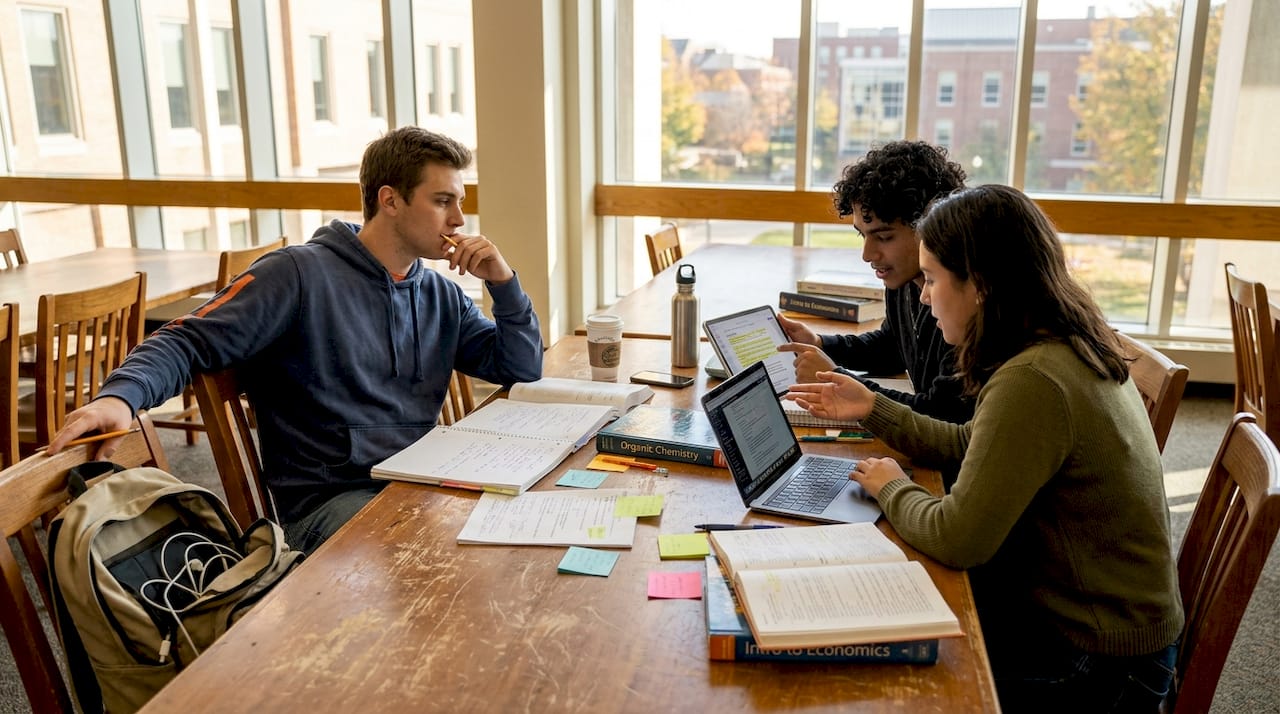 Students collaborating at a library table
