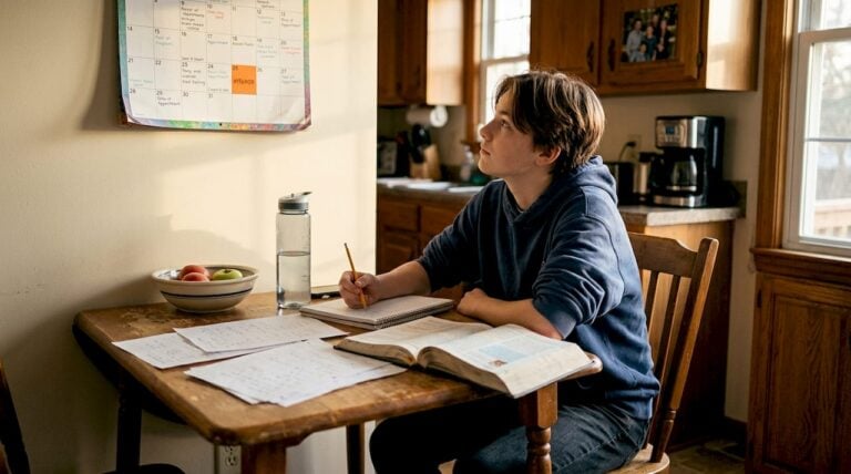 Teen student studying at kitchen table