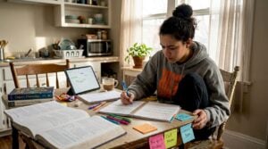 Student creating study schedule at kitchen table