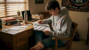 Student reviewing notes in bedroom study area