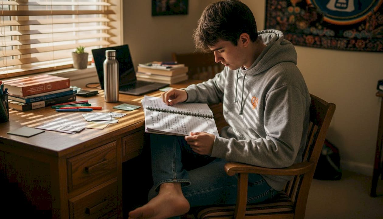 Student reviewing notes in bedroom study area