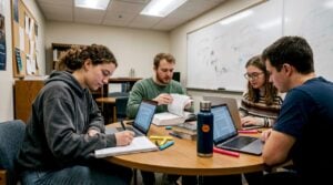 Students collaborating in library study room