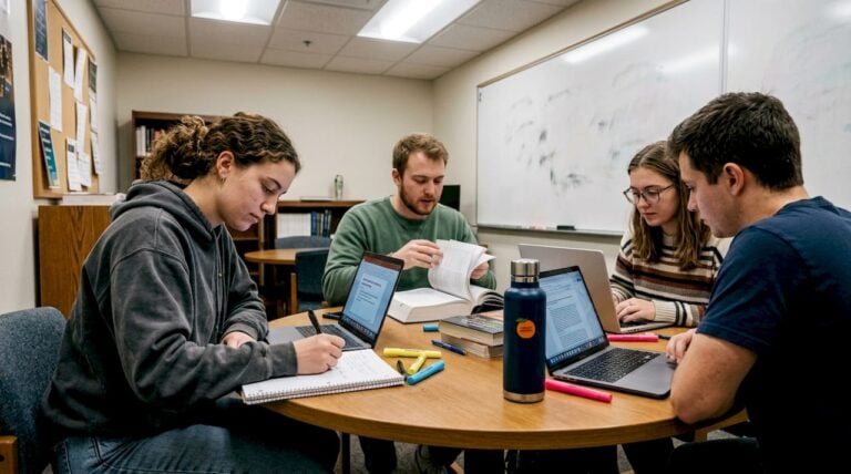 Students collaborating in library study room