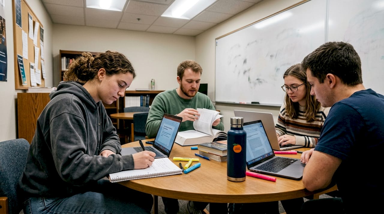 Students collaborating in library study room