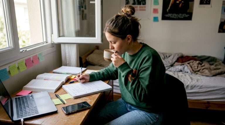 Student reviewing notes at small apartment desk