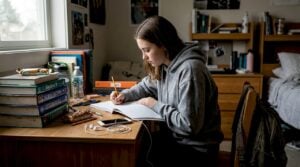 Teen focused at messy study desk