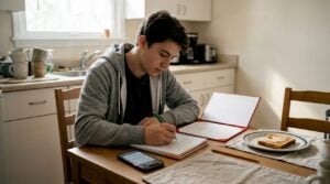 Student writing study goals at kitchen table