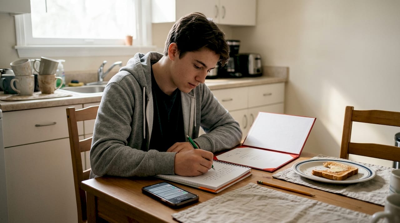 Student writing study goals at kitchen table