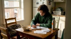 Student journaling at kitchen table with breakfast