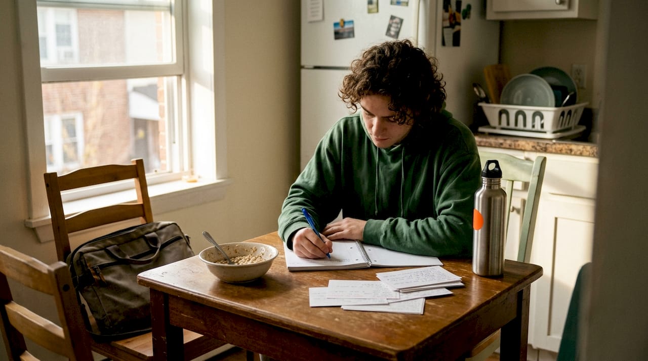 Student journaling at kitchen table with breakfast