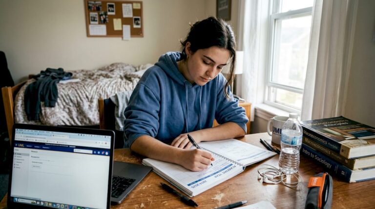 Student uses planner at cluttered desk