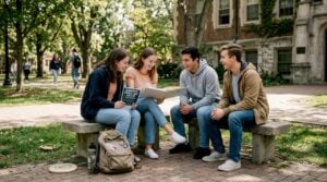 Students socializing on a campus green space