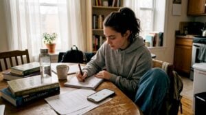 Student writing academic goals in notebook