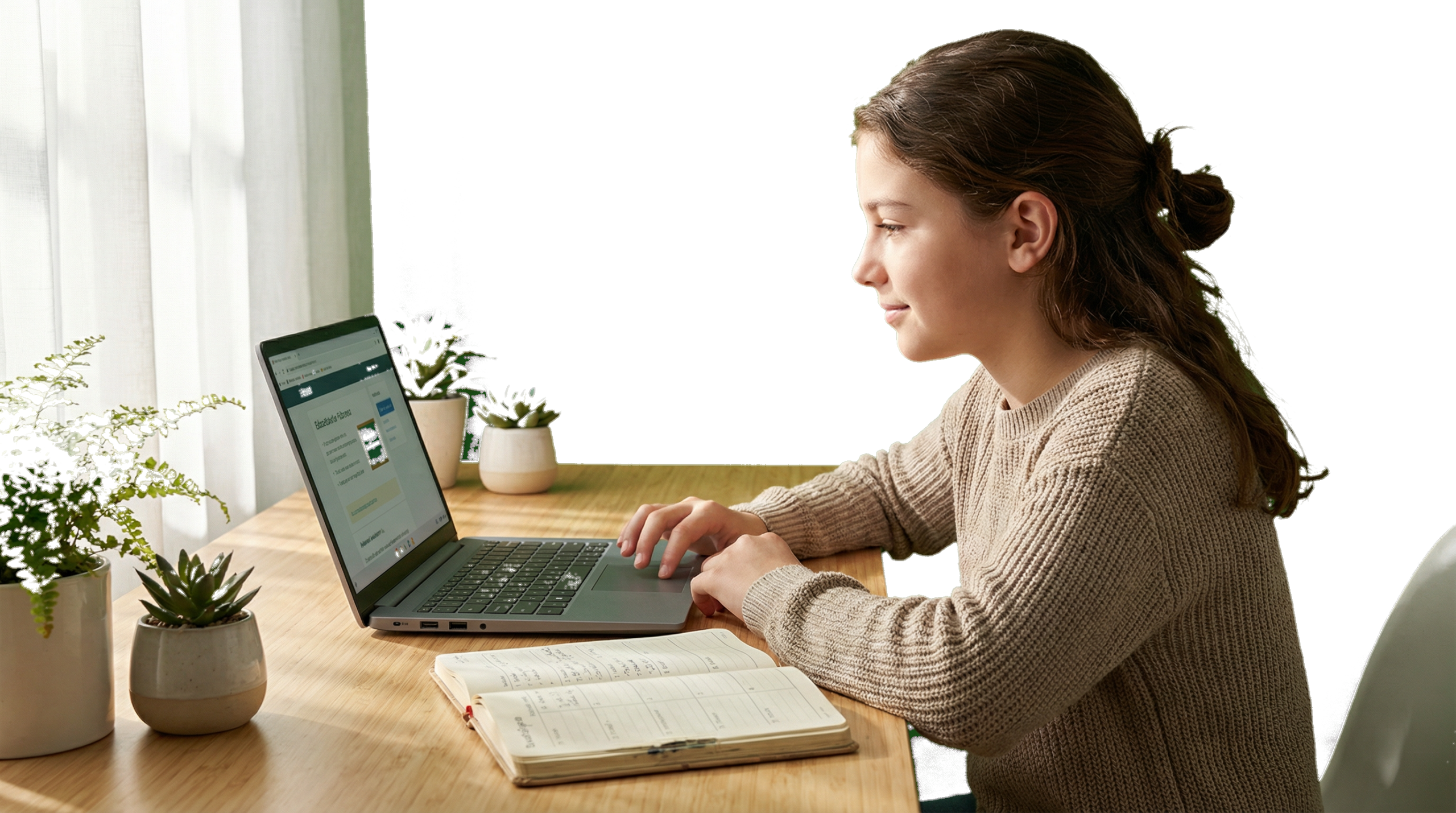 A cozy, sunlit home learning environment where a middle school student sits at a clean wooden desk, focused on their work with a laptop and an open planner. Large windows in the background show soft greenery, and a few potted plants sit on the desk. The atmosphere is calm, approachable, and authentic, with natural lighting and a shallow depth of field.