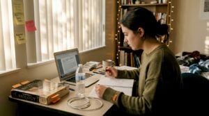 Student organizing desk in lived-in bedroom