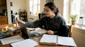 Student organizing semester at home workspace