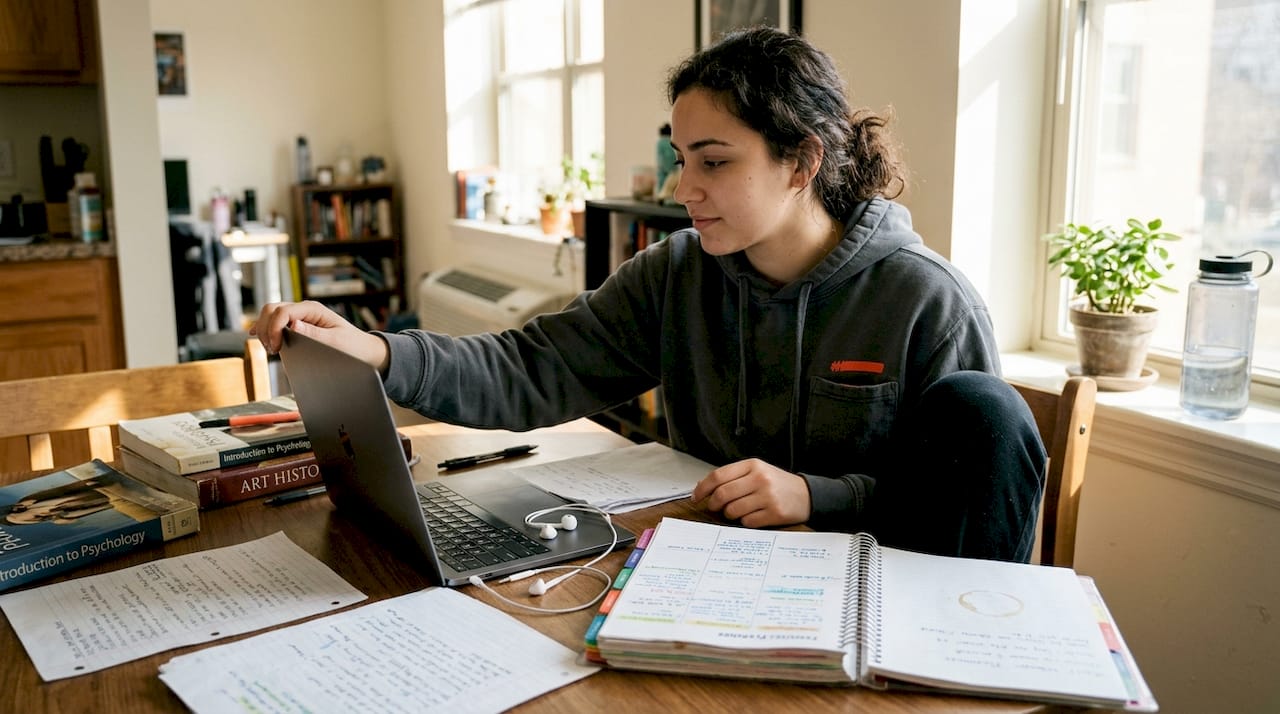 Student organizing semester at home workspace