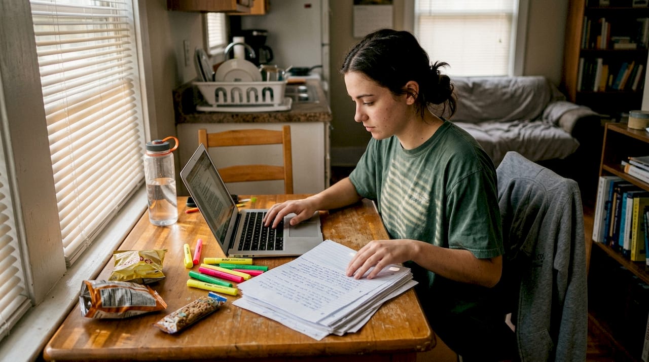Student sorts notes and uses laptop at table