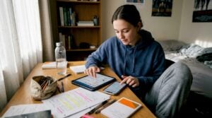 Student multitasking with study apps at desk
