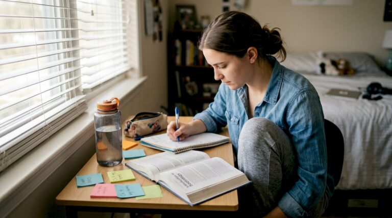 A young woman sits at a desk by a window, studying with an open book and notebook. Colorful sticky notes, a water bottle, and a pencil case are on the desk. A neatly made bed is visible in the background.