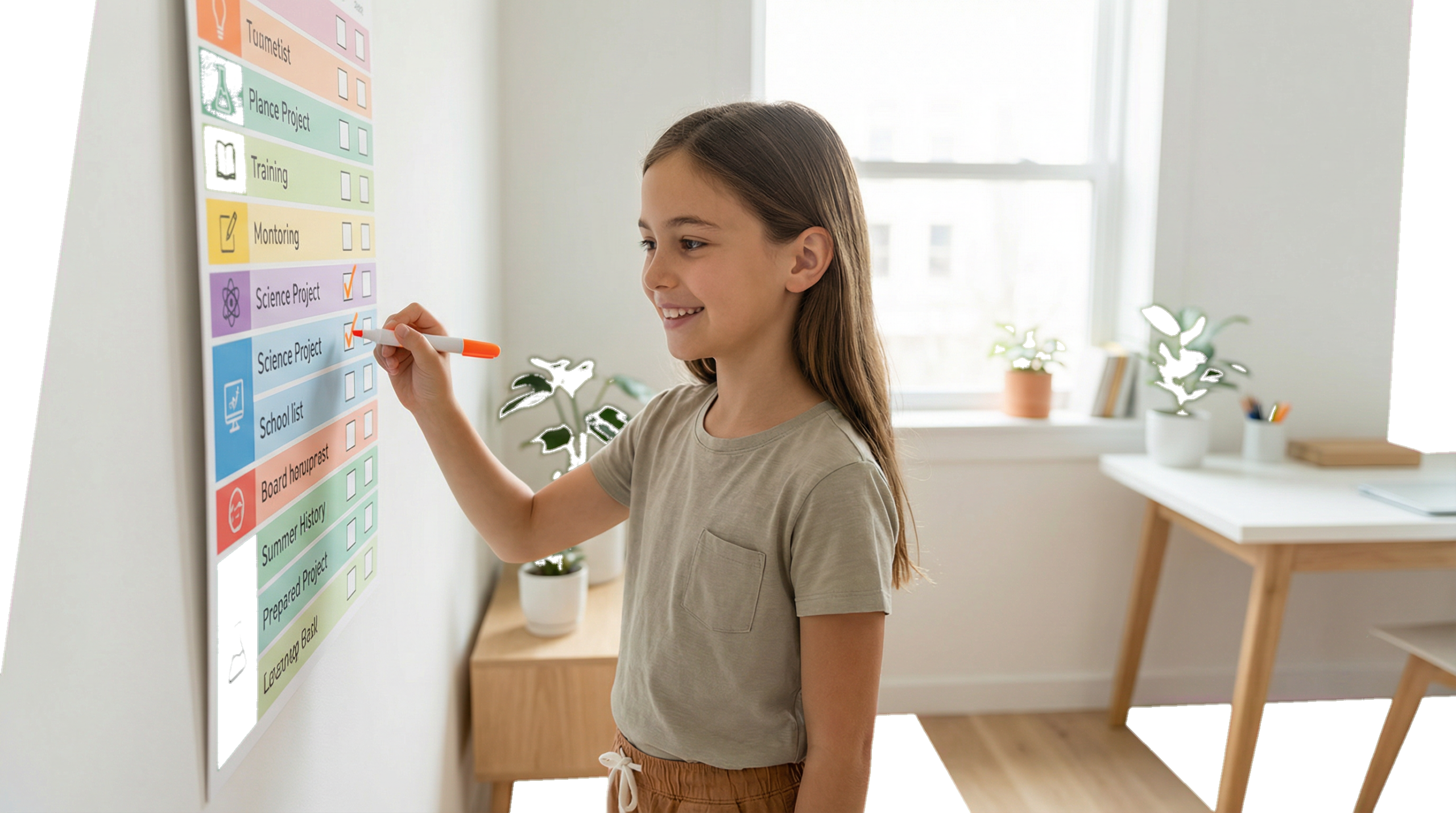 A young student standing next to a large, colorful wall-mounted checklist. They are smiling and using a bright marker to check off a task labeled 'Science Project.' The room is bright and modern with a minimalist aesthetic, reflecting a sense of accomplishment and independence.