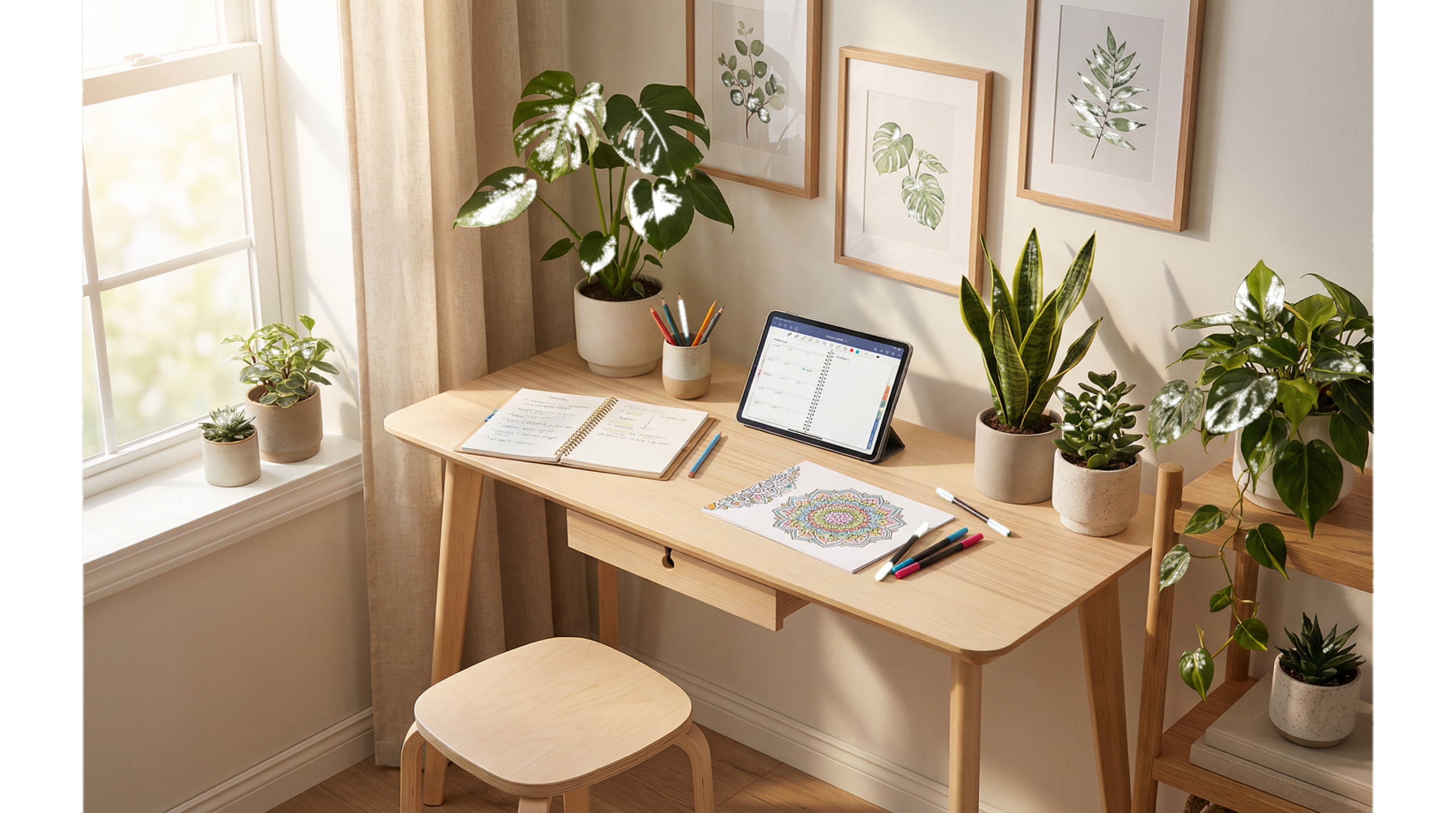Cozy, motivating study nook with a wooden desk and stools, surrounded by potted plants and natural light. The wall features art prints of botanical illustrations, creating a creative and calming atmosphere: ideal for focused note-taking, mandala coloring, or using digital planners.