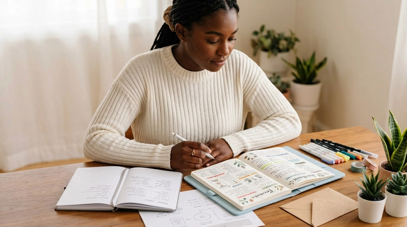 A woman in a white sweater sits at a wooden desk, writing in a colorful planner. Open notebooks, papers, pens, and potted plants are on the desk, and sunlight streams in through a window in the background.