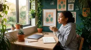 A woman in a hoodie sits at a desk by a window, holding a mug and looking outside. The desk has plants, a notebook, a pen, and a closed laptop. The room is decorated with leafy artwork and more potted plants.
