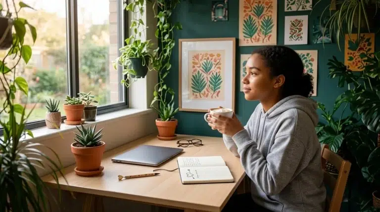 A woman in a hoodie sits at a desk by a window, holding a mug and looking outside. The desk has plants, a notebook, a pen, and a closed laptop. The room is decorated with leafy artwork and more potted plants.