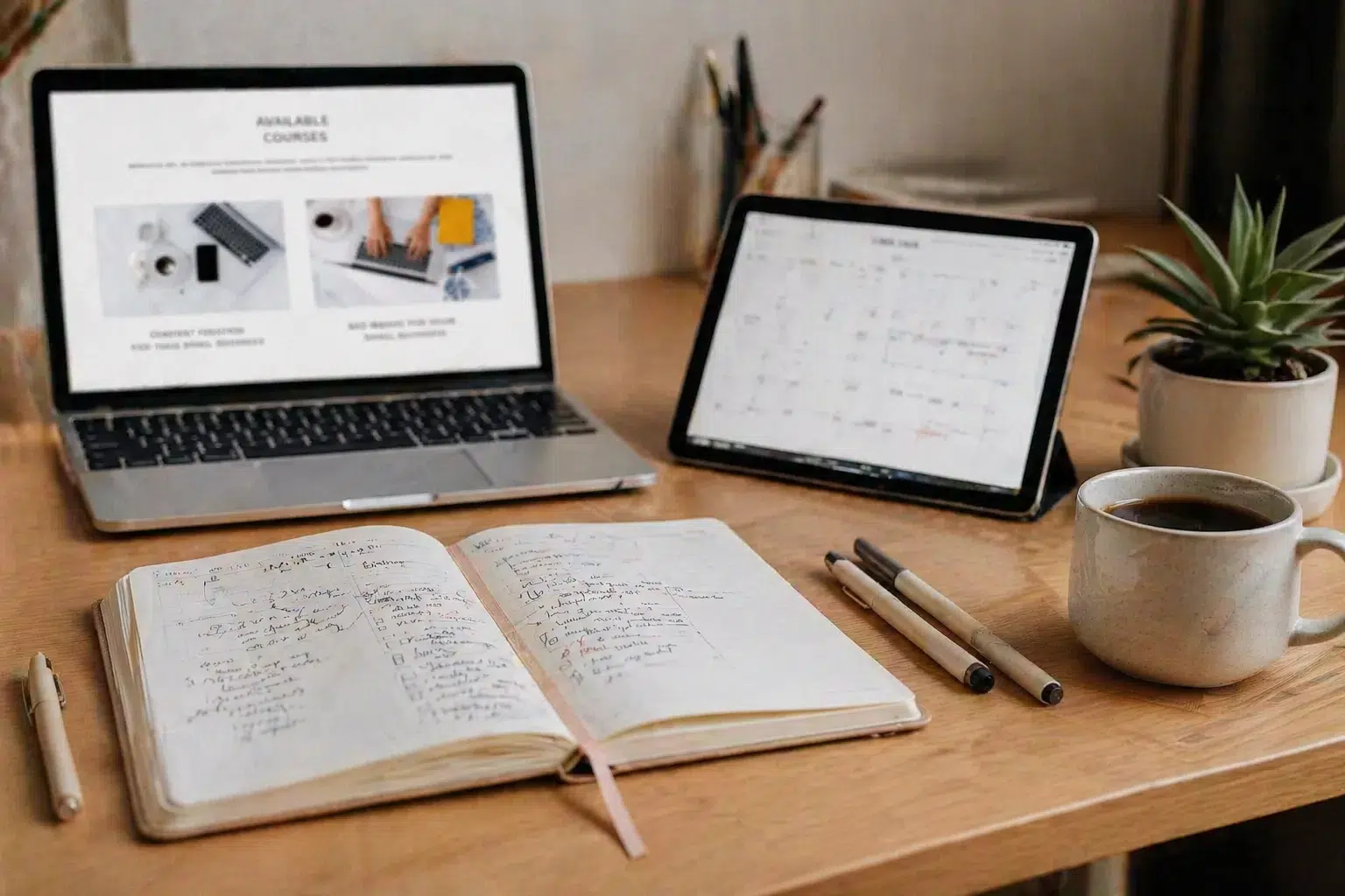 A wooden desk with an open laptop, a tablet displaying a calendar, an open notebook with handwritten notes, pens, a cup of coffee, and a small potted plant.
