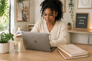 A woman with curly hair works on a laptop at a wooden desk with a notebook, planner, glass of water, and a plant. Behind her, a sign reads Learning with Angie and the room is decorated with art and plants.