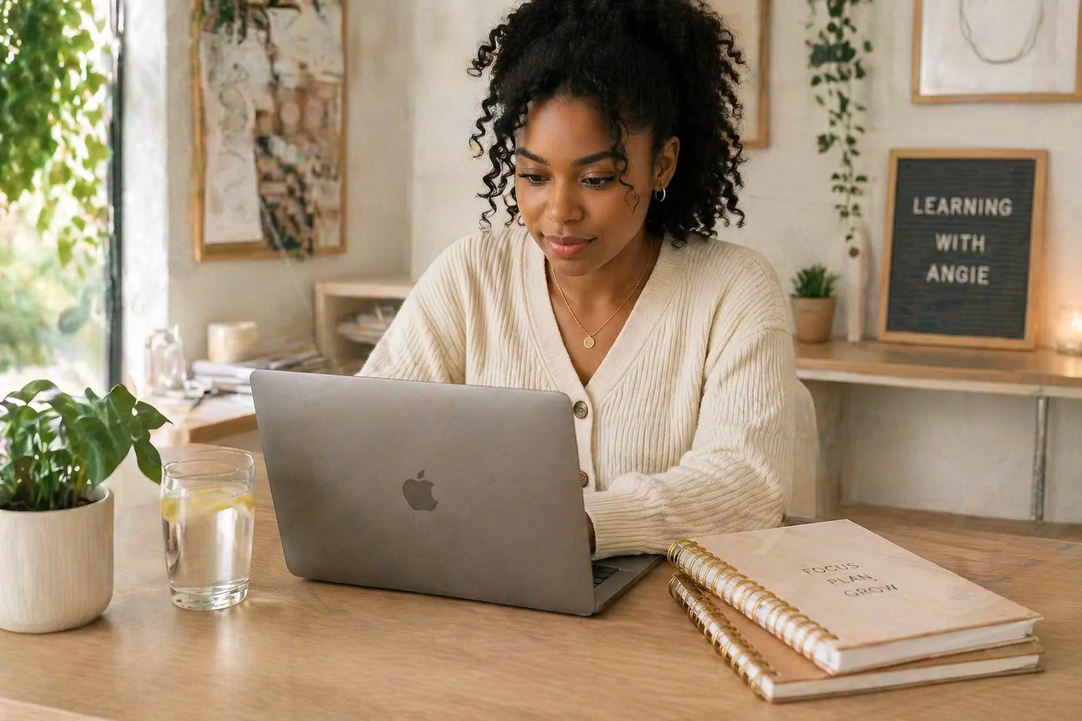 A woman with curly hair works on a laptop at a wooden desk with a notebook, planner, glass of water, and a plant. Behind her, a sign reads Learning with Angie and the room is decorated with art and plants.