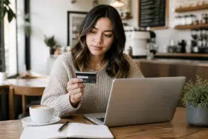 A woman sits at a wooden table in a cafe, holding a credit card and looking at her laptop screen. A cup of coffee, a notebook, and a pen are on the table beside her.