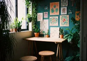 A cozy workspace with a wooden desk and stools, surrounded by potted plants. Botanical art prints are arranged on a green wall, with natural light streaming in from a window on the left.