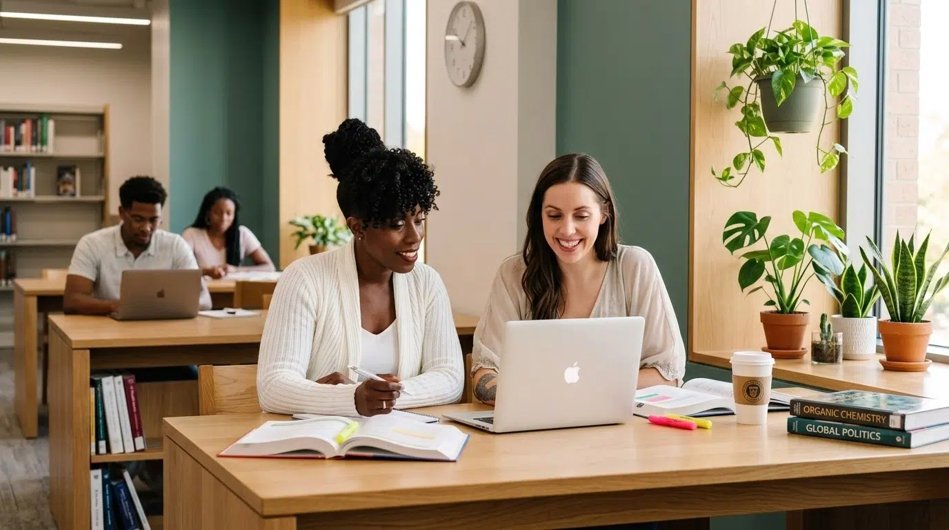 Two women sit at a library table, smiling and working on a laptop with open books and notes. Two other people study at a table behind them. The room has plants, large windows, and bookshelves.