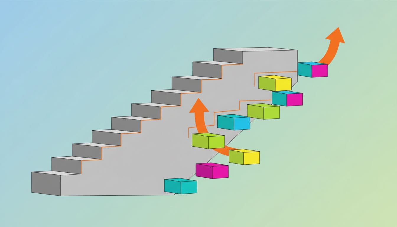 A flat-style illustration features a large staircase deconstructed into colorful individual blocks. Vibrant orange arrows guide the eye along a manageable path of small steps representing broken-down project milestones.