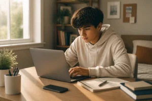 A young person in a hoodie sits at a desk, focused on a laptop. Books, a notebook, a pen, and a smartphone are on the desk. Sunlight streams in through a nearby window, and a bookshelf is in the background.