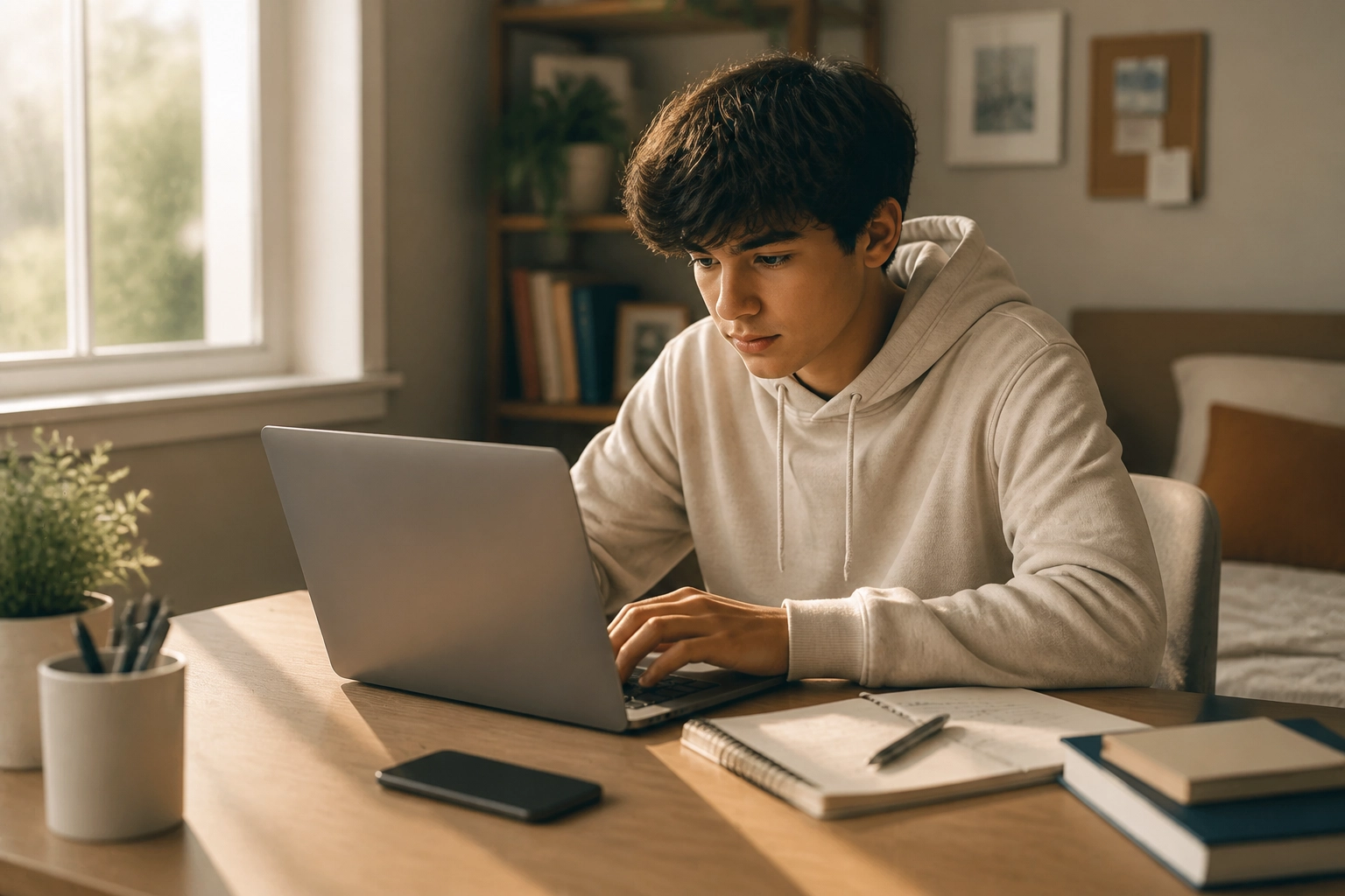 A young person in a hoodie sits at a desk, focused on a laptop. Books, a notebook, a pen, and a smartphone are on the desk. Sunlight streams in through a nearby window, and a bookshelf is in the background.