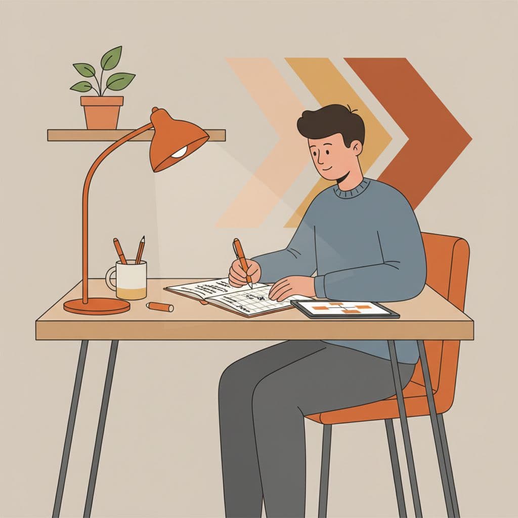 A focused individual sits at a minimalist desk, carefully organizing daily tasks in a physical planner. A vibrant orange lamp and matching pen create warm focal points against the clean background.