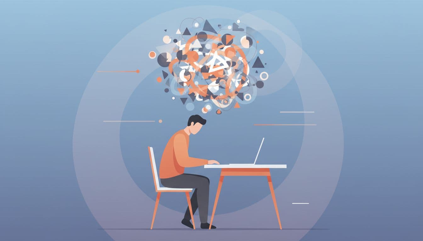 A person sits at a desk while a chaotic cluster of glowing geometric shapes hovers above their head. The composition utilizes clean modern lines and vibrant orange accents to convey complexity.