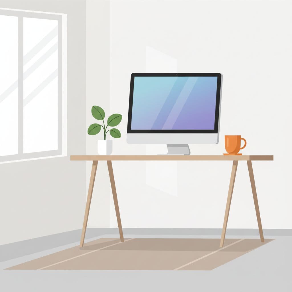 A sleek wooden desk features an angled computer monitor and a single vibrant orange ceramic mug. A small green plant adds a touch of nature to this clean, organized creative area.
