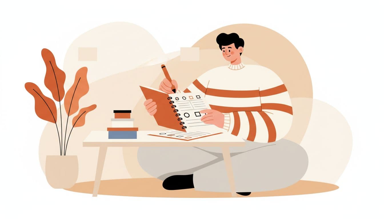 A stylized individual sits at a minimalist table neatly writing in a paper notebook. Bright orange geometric shapes frame the background, emphasizing a clean routine and focused mental clarity during planning.