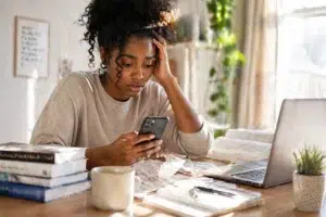 A young woman sits at a cluttered desk with books, papers, a laptop, and a coffee mug. She looks stressed while checking her phone, her hand resting on her forehead, sunlight streaming through a window behind her.