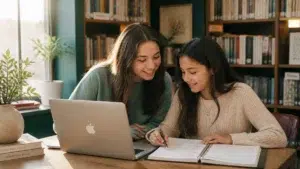 Two girls study together at a table in a library. One is smiling at a laptop, while the other writes in a notebook. Bookshelves and a plant are in the background, creating a cozy, academic atmosphere.