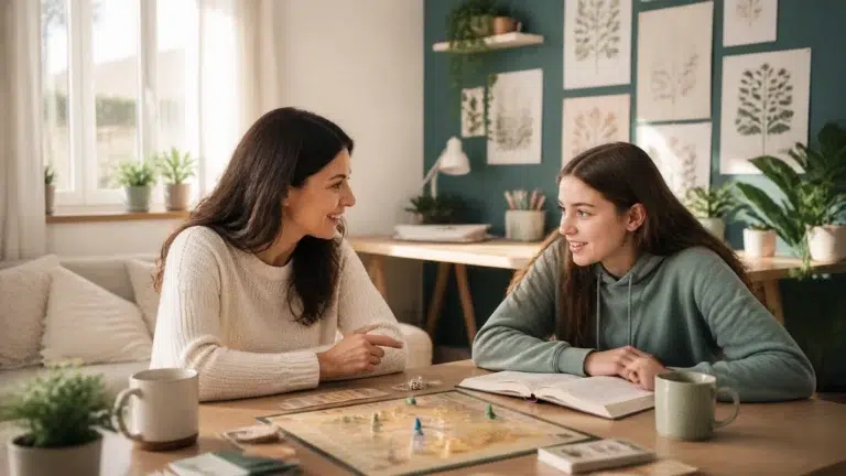 Two women sit at a table with a board game and books, smiling and talking in a cozy, well-lit room with plants, shelves, and botanical artwork on the wall in the background.