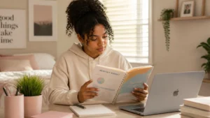 A young woman sits at a desk in a cozy room, reading a financial planner and looking at a monthly budget sheet. A laptop, notebook, and pencil are on the desk in front of her.